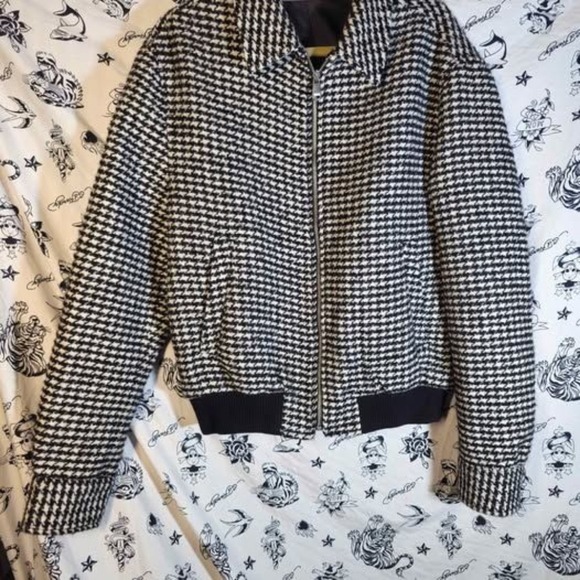 Zara Men's Black And White Houndstooth Zip Up Jacket Large - Picture 1 of 7